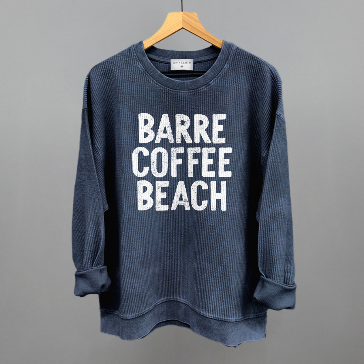 Barre Coffee Beach (White) Funny Oversized Corded Crewneck Sweatshirt in Navy – Ivy + Cloth