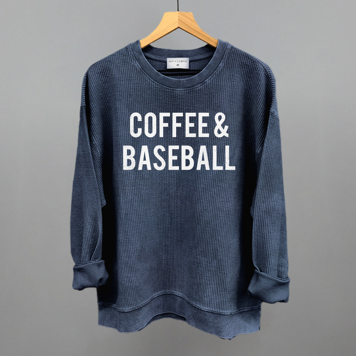 Coffee & Baseball Funny Oversized Corded Crewneck Sweatshirt in Navy – Ivy + Cloth