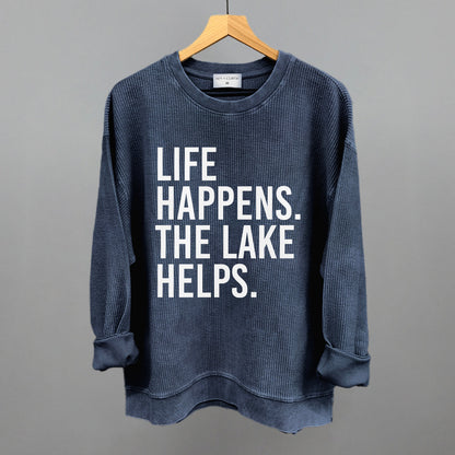 Life Happens. The Lake Helps. Funny Oversized Corded Crewneck Sweatshirt in Navy – Ivy + Cloth