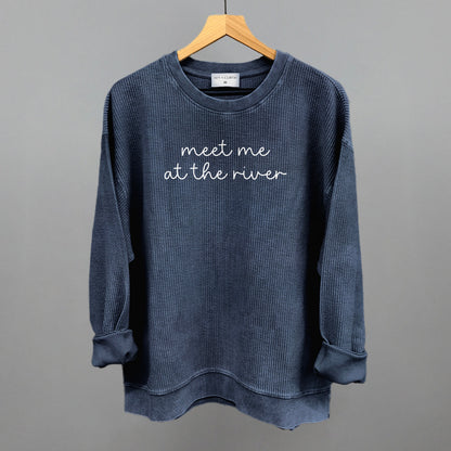 Meet Me At The River White Script Funny Oversized Corded Crewneck Sweatshirt in Navy – Ivy + Cloth
