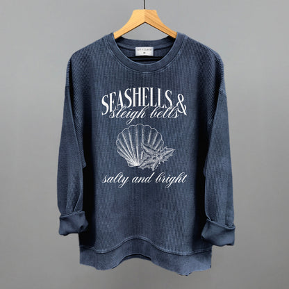 Seashells & Sleigh Bells Coastal Christmas graphic oversized corded crew in Navy