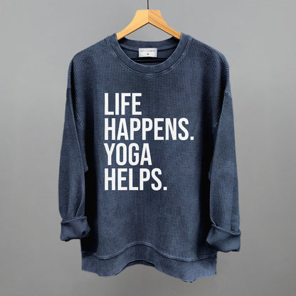 Life Happens Yoga Helps Funny Oversized Corded Crewneck Sweatshirt in Navy – Ivy + Cloth