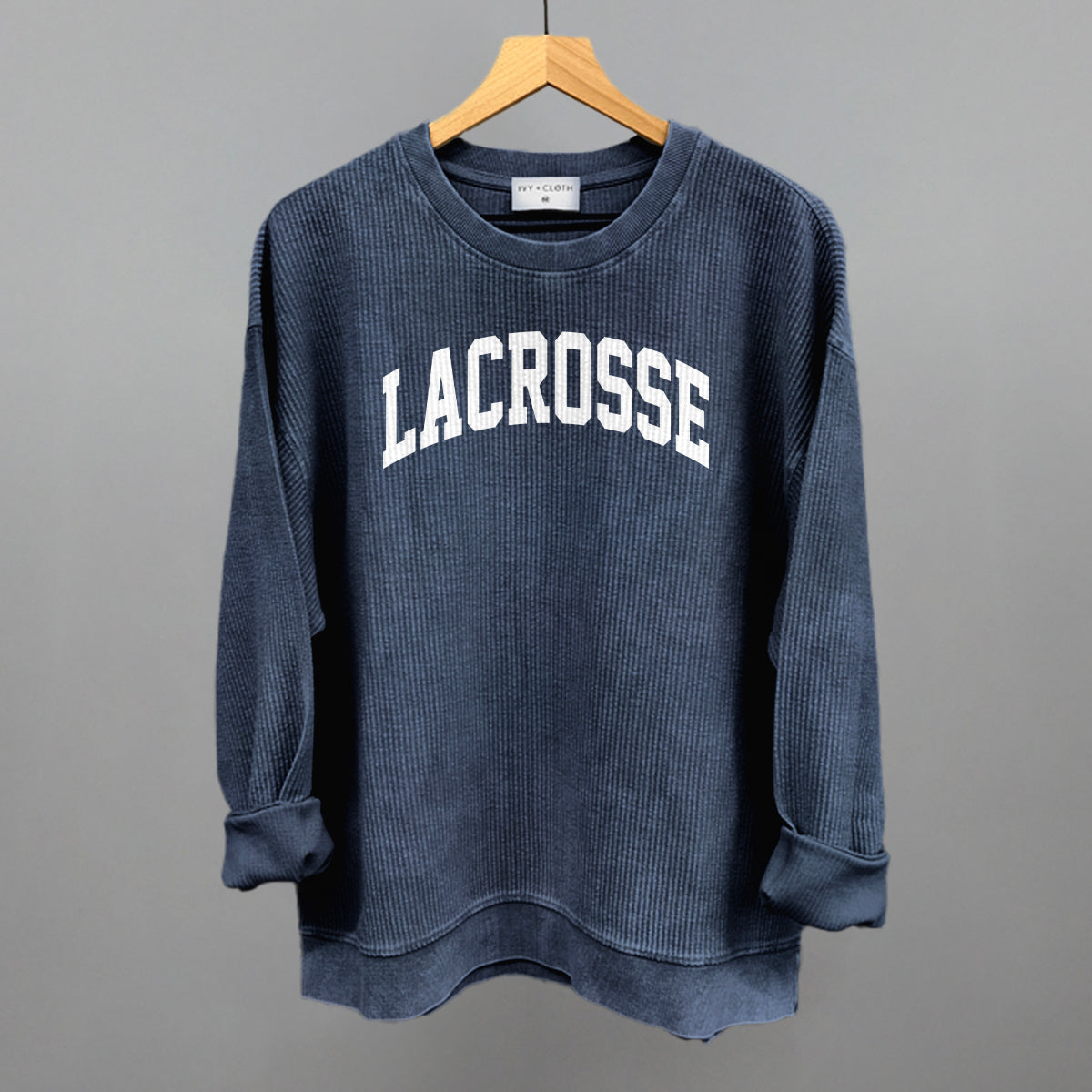 Lacrosse Arch (White) Funny Oversized Corded Crewneck Sweatshirt in Navy – Ivy + Cloth