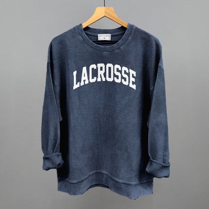 Lacrosse Arch (White) Funny Oversized Corded Crewneck Sweatshirt in Navy – Ivy + Cloth