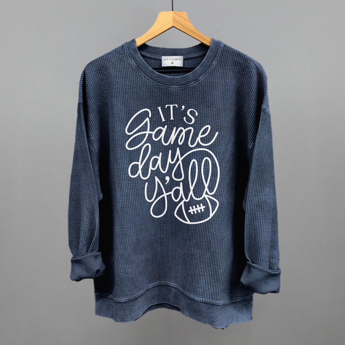 It's Game Day Y'all Football graphic oversized corded crew in Navy
