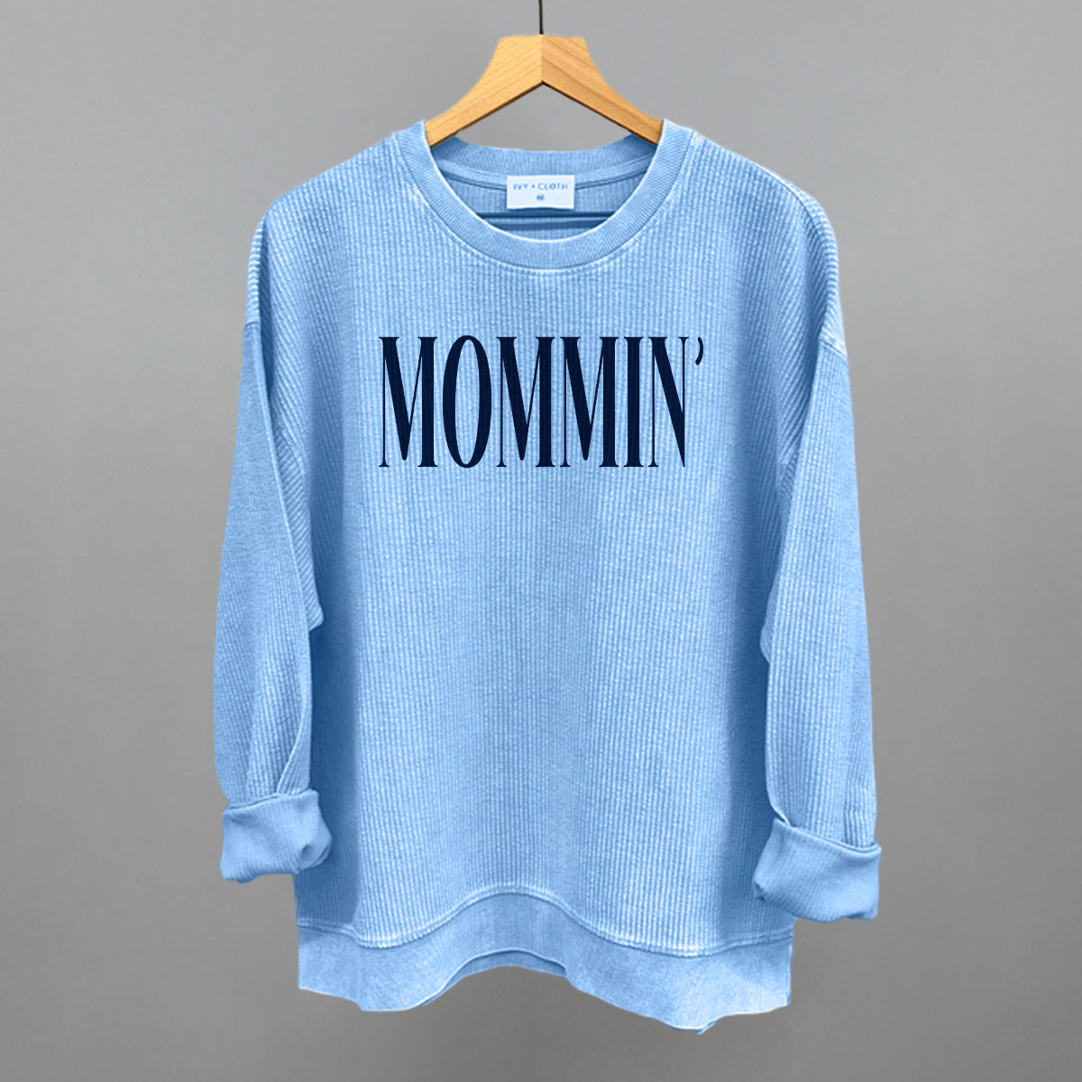 Mommin' Mom graphic oversized corded crew in Pacific Blue