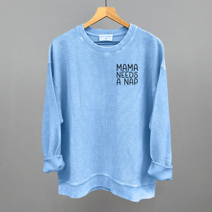Mama Needs A Nap graphic oversized corded crew in Pacific Blue