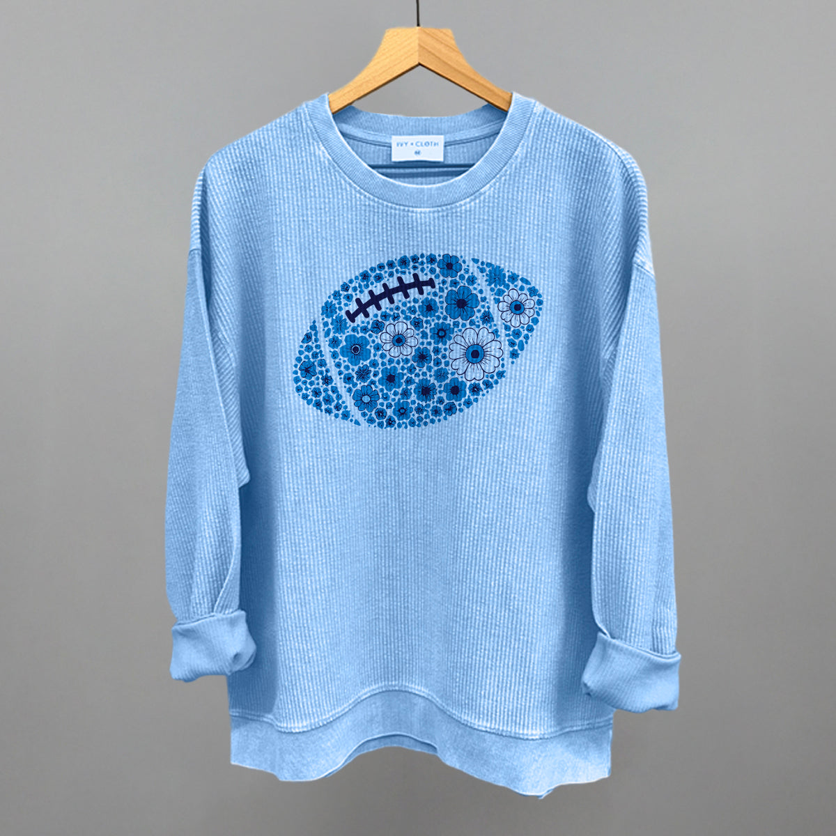Floral Football Blue Funny Oversized Corded Crewneck Sweatshirt in Pacific Blue – Ivy + Cloth