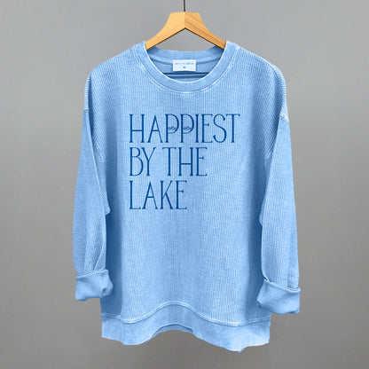 Happiest By The Lake graphic oversized corded crew in Pacific Blue