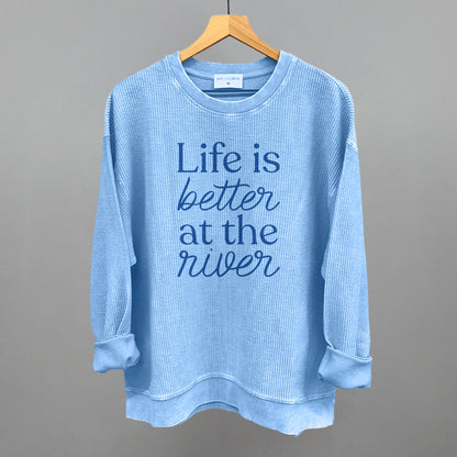 Life Is Better At The River graphic oversized corded crew in Pacific Blue