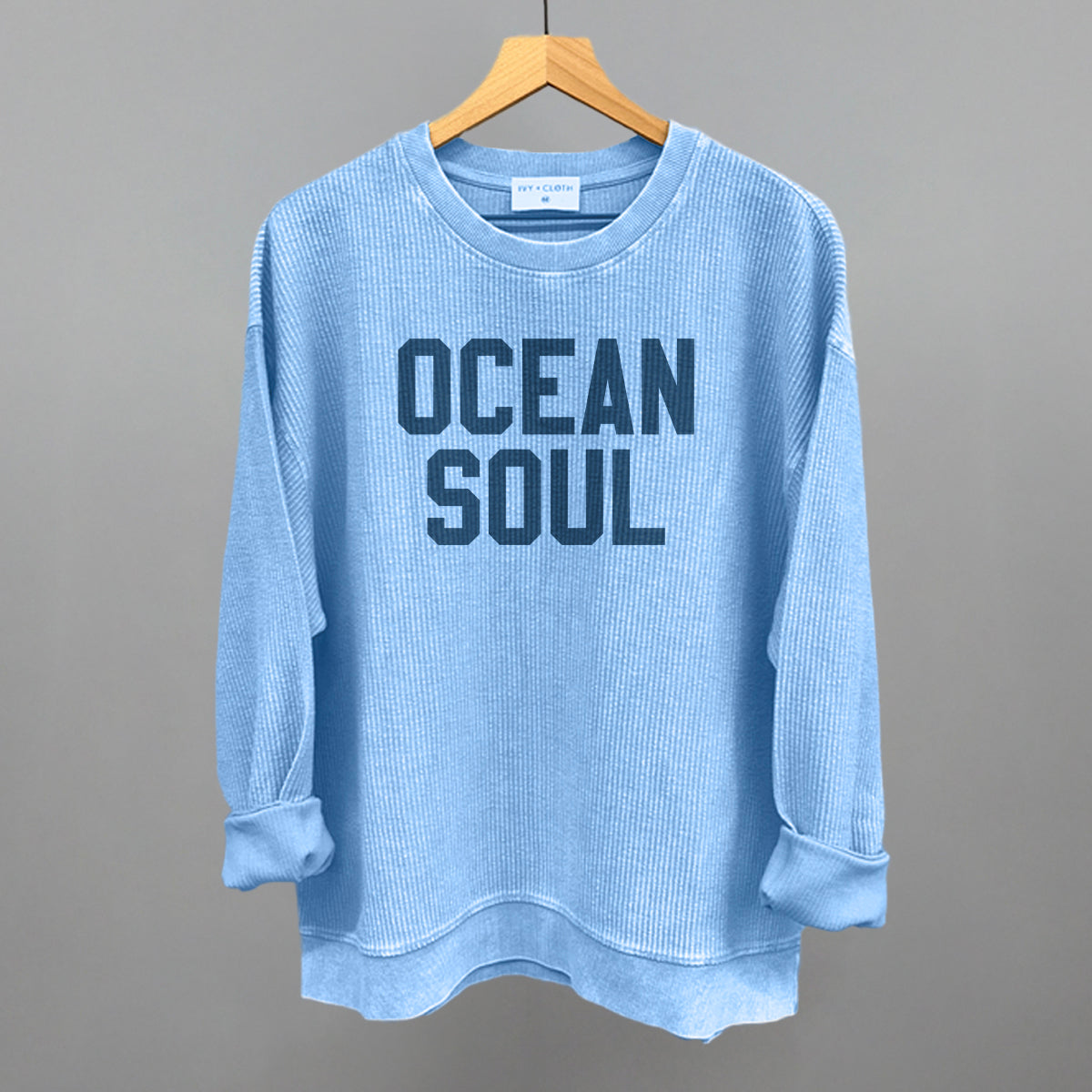 Ocean Soul Beach graphic oversized corded crew in Pacific Blue
