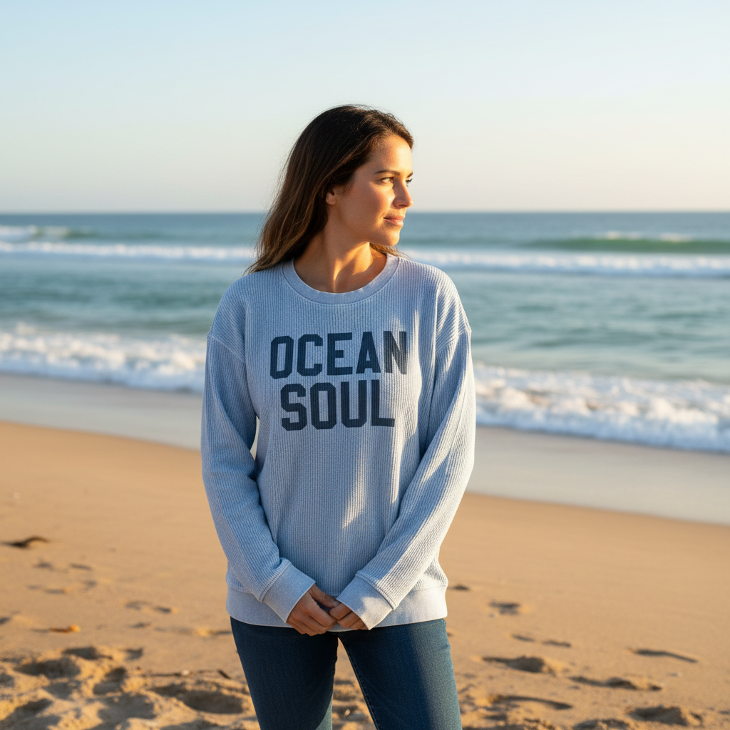 Ocean Soul Beach graphic oversized corded crew in Pacific Blue