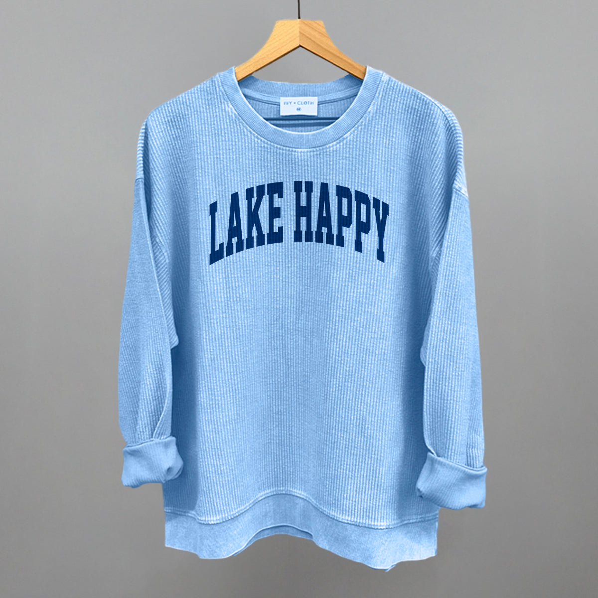 Lake Happy graphic oversized corded crew in Pacific Blue