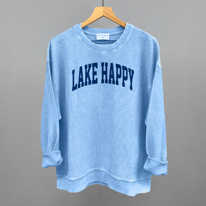 Lake Happy graphic oversized corded crew in Pacific Blue