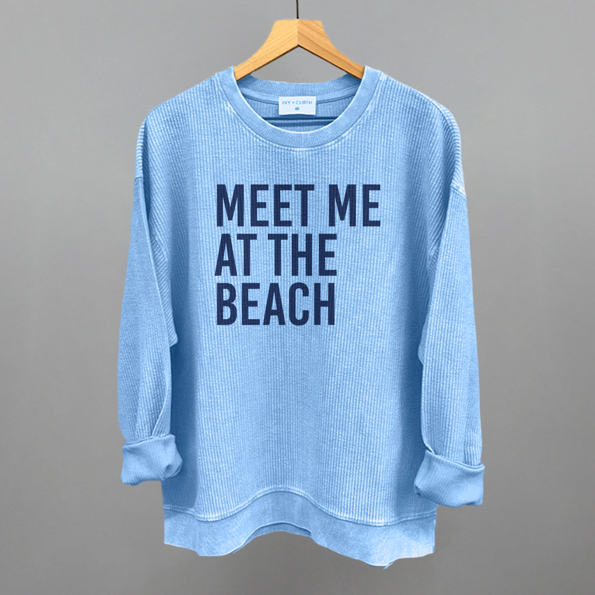 Meet Me At The Beach graphic oversized corded crew in Pacific Blue