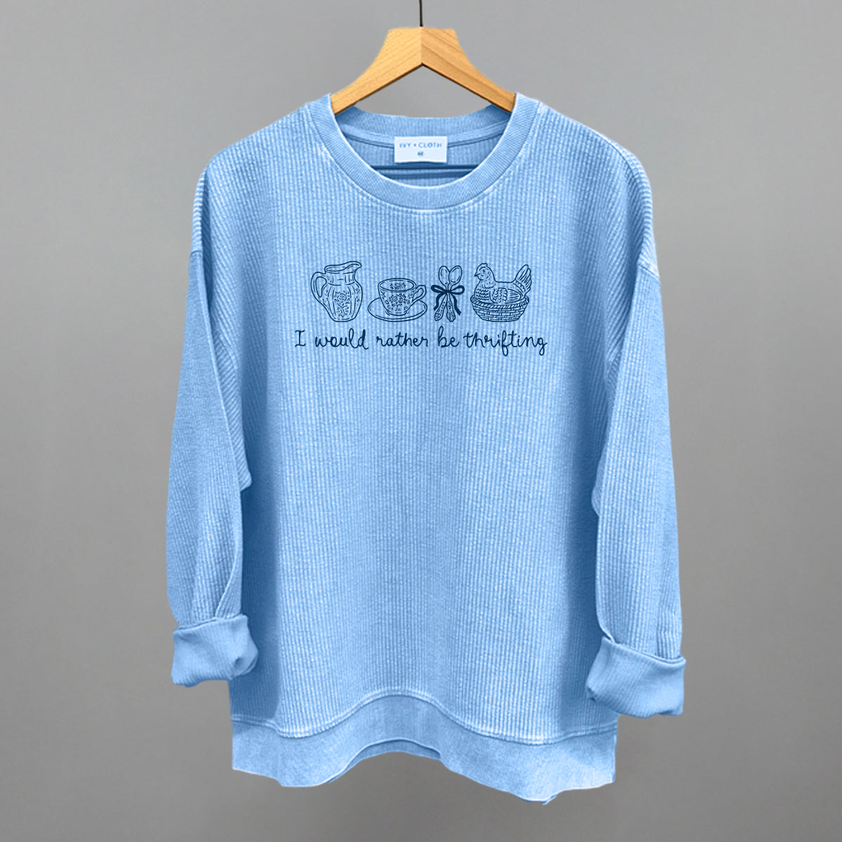 I Would Rather Be Thrifting graphic oversized corded crew in Pacific Blue