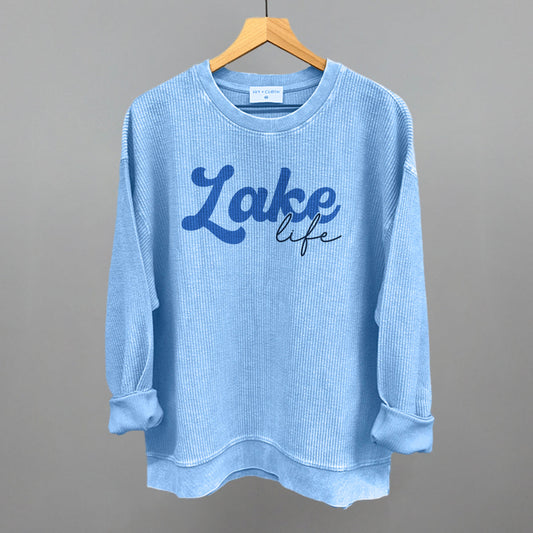 Lake Life Script Funny Oversized Corded Crewneck Sweatshirt in Pacific Blue – Ivy + Cloth