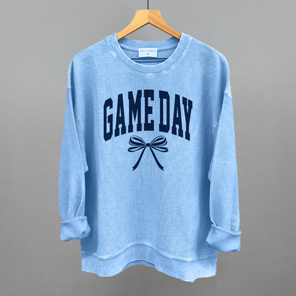 Game Day Arch And Bow Funny Oversized Corded Crewneck Sweatshirt in Pacific Blue – Ivy + Cloth