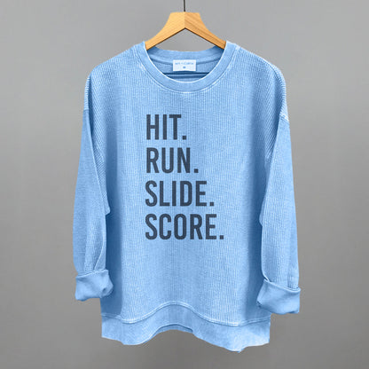Hit Run Slide Score Baseball graphic oversized corded crew in Pacific Blue