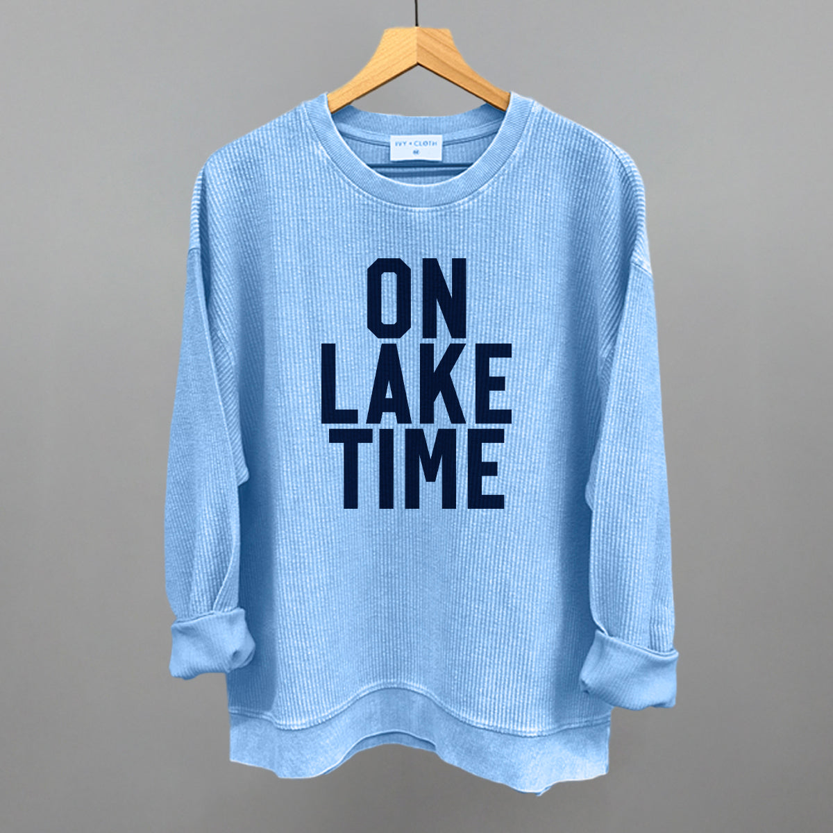 On Lake Time Block Letters Funny Oversized Corded Crewneck Sweatshirt in Pacific Blue – Ivy + Cloth