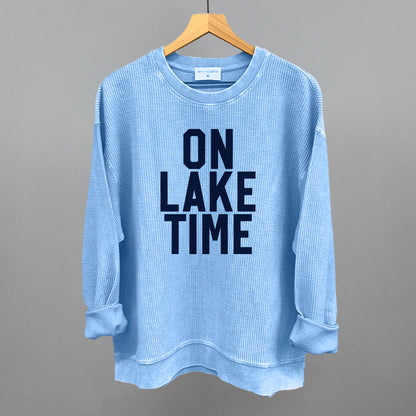 On Lake Time Block Letters Funny Oversized Corded Crewneck Sweatshirt in Pacific Blue – Ivy + Cloth