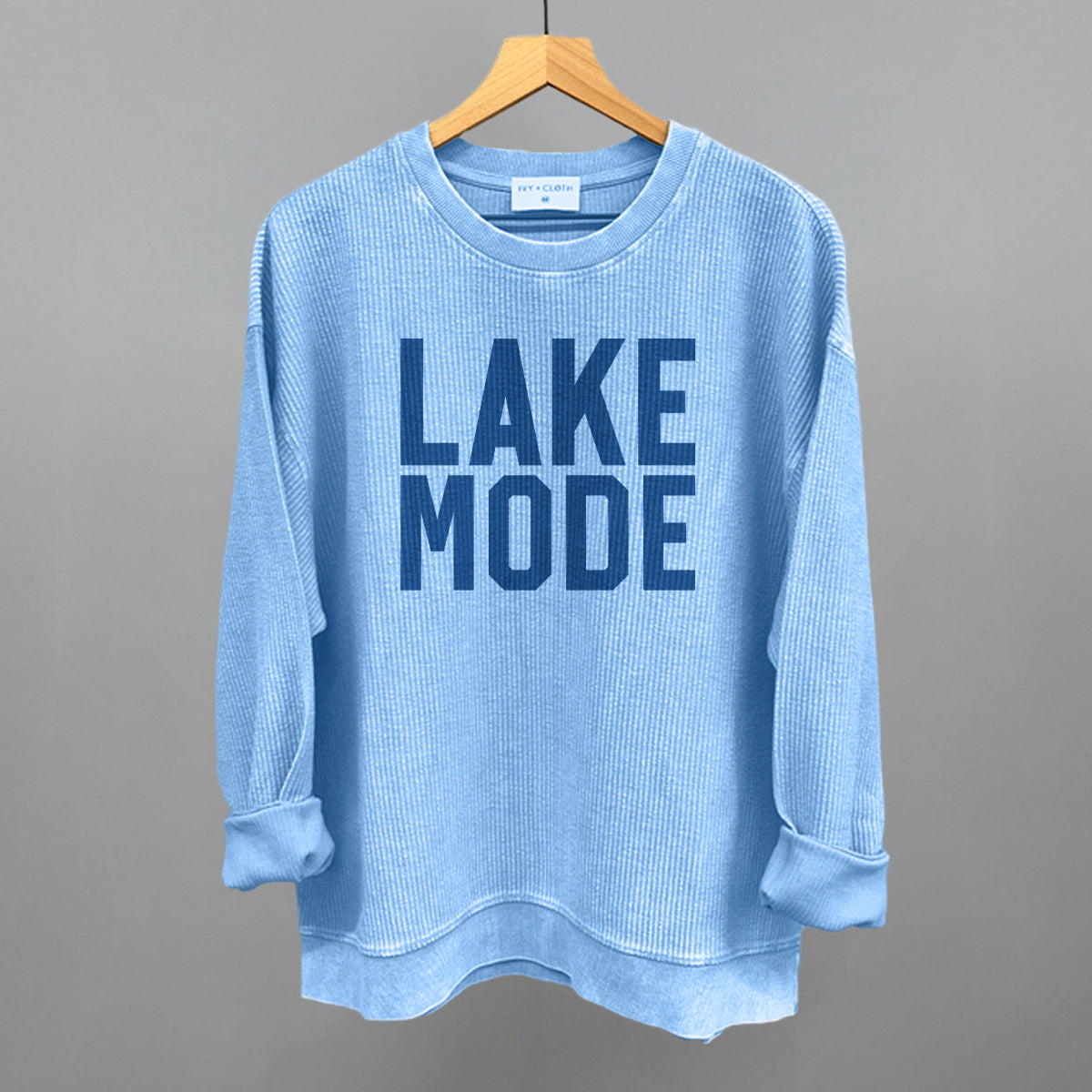 Lake Mode Lake Life graphic oversized corded crew in Pacific Blue
