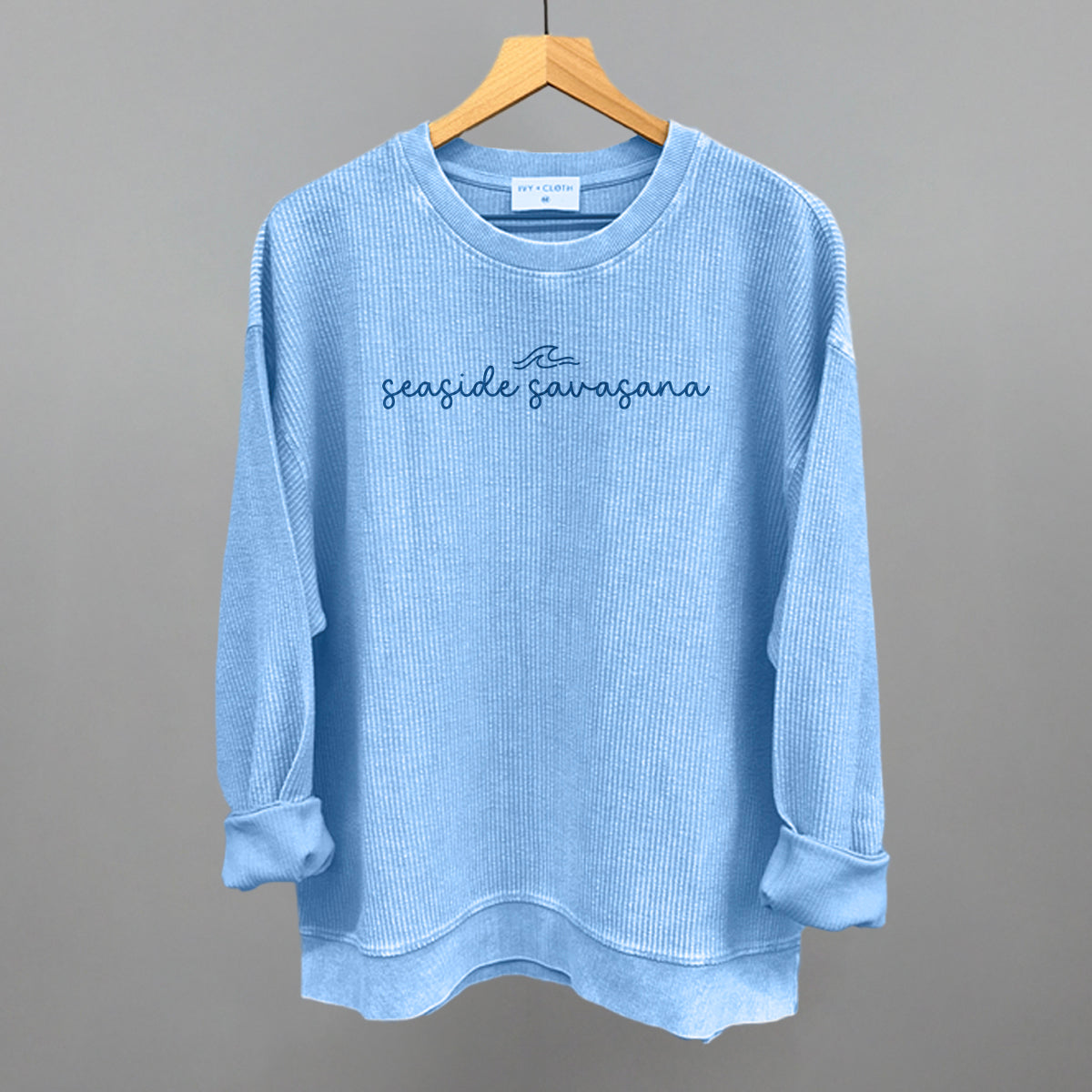 Seaside Savasana Funny Oversized Corded Crewneck Sweatshirt in Pacific Blue – Ivy + Cloth