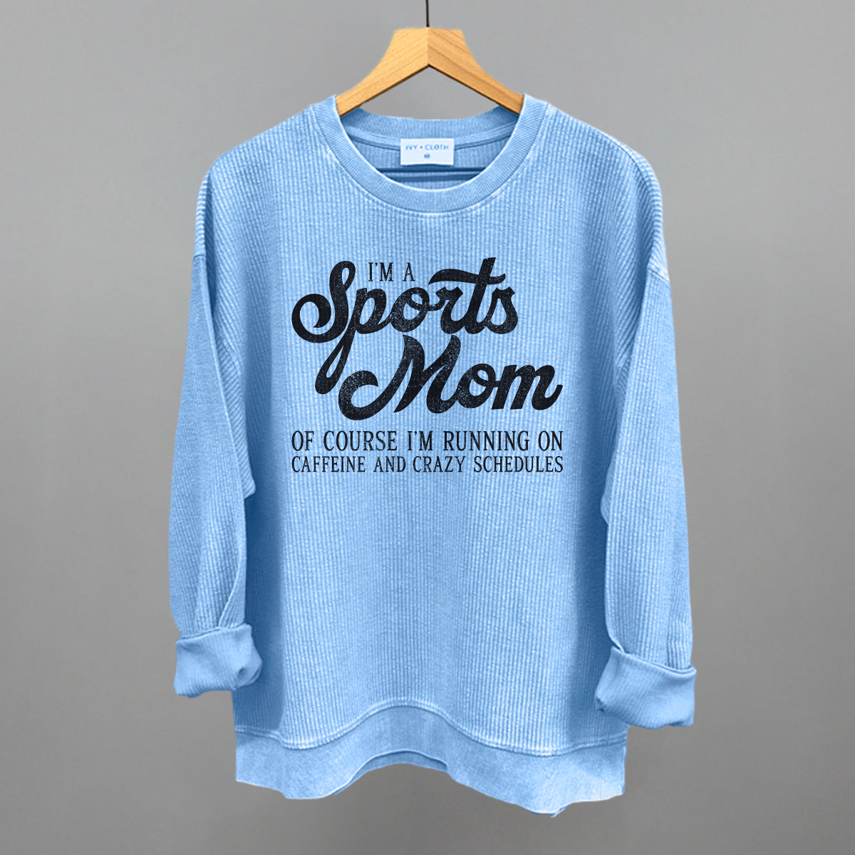 I'm A Sports Mom graphic oversized corded crew in Pacific Blue
