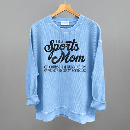 I'm A Sports Mom graphic oversized corded crew in Pacific Blue