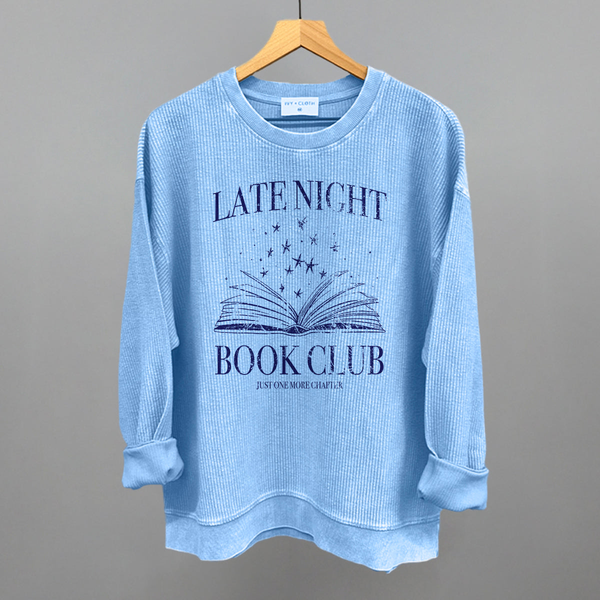 Late Night Book Club Funny Oversized Corded Crewneck Sweatshirt in Pacific Blue – Ivy + Cloth