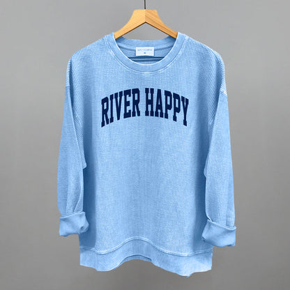 River Happy graphic oversized corded crew in Pacific Blue