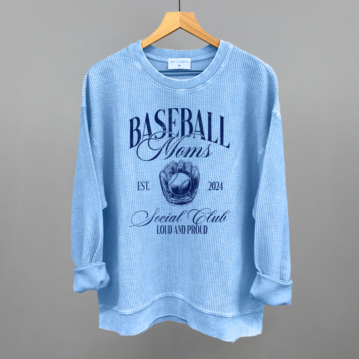 Baseball Moms Social Club graphic oversized corded crew in Pacific Blue