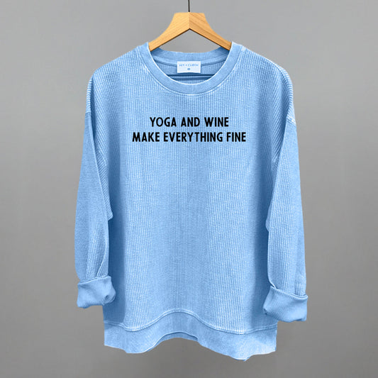 Yoga and Wine Make Everything Fine graphic oversized corded crew in Pacific Blue