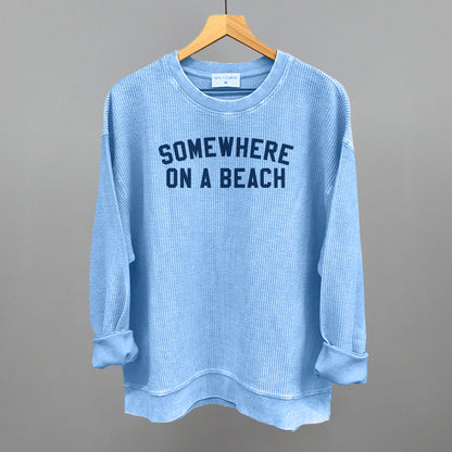 Somewhere On A Beach graphic oversized corded crew in Pacific Blue