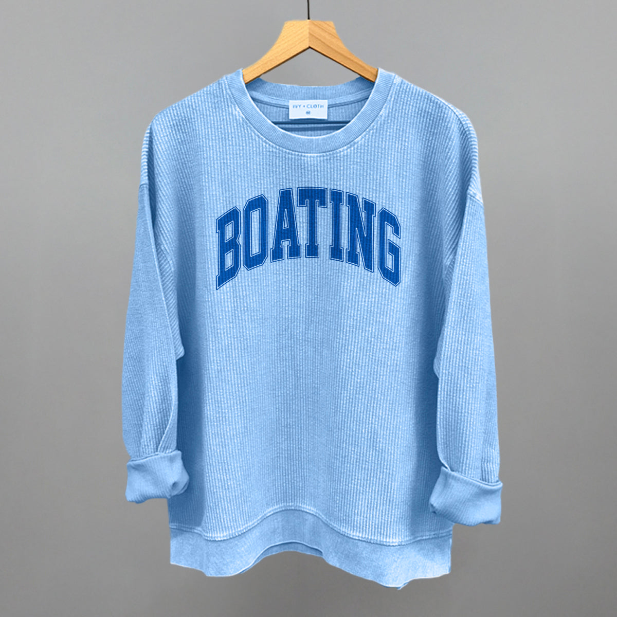 Boating Lake Life graphic oversized corded crew in Pacific Blue