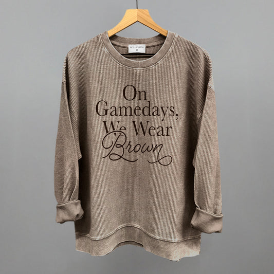 On Game Days We Wear Brown Football graphic oversized corded crew in Pine Bark