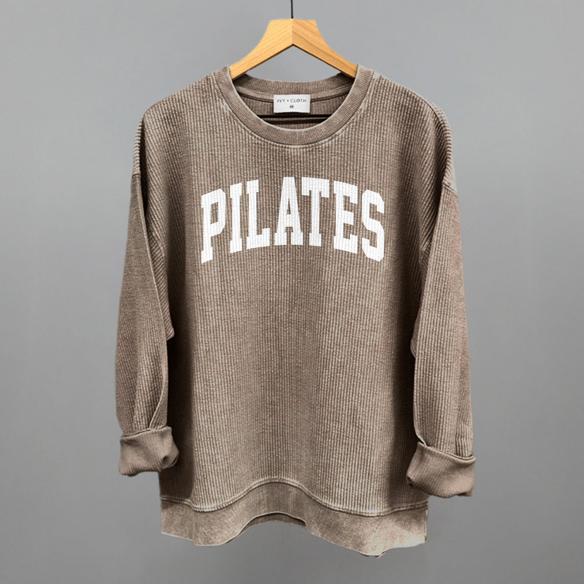 Pilates Arch (White) Funny Oversized Corded Crewneck Sweatshirt in Pine Bark – Ivy + Cloth