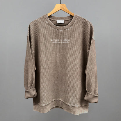 Caffeine and Tiny Demands graphic oversized corded crew in Pine Bark