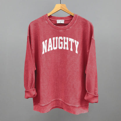 Naughty Christmas graphic oversized corded crew in Red