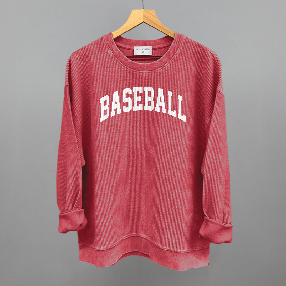 Baseball Arch (White) Funny Oversized Corded Crewneck Sweatshirt in Red – Ivy + Cloth