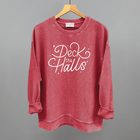 Deck The Halls Sparkle Script (White) Funny Oversized Corded Crewneck Sweatshirt in Red – Ivy + Cloth