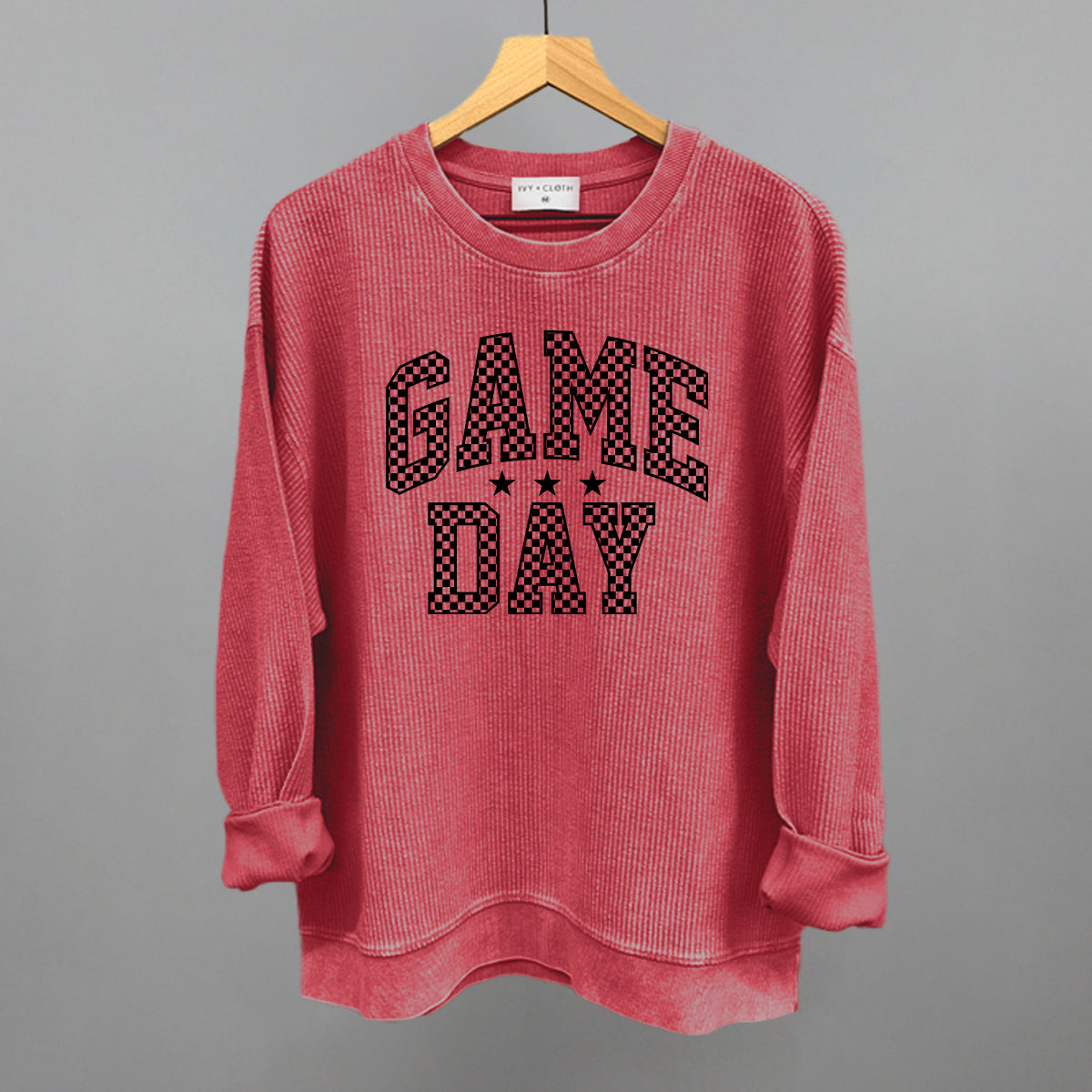 Game Day Checkered Arch Funny Oversized Corded Crewneck Sweatshirt in Red – Ivy + Cloth