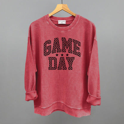 Game Day Checkered Arch Funny Oversized Corded Crewneck Sweatshirt in Red – Ivy + Cloth