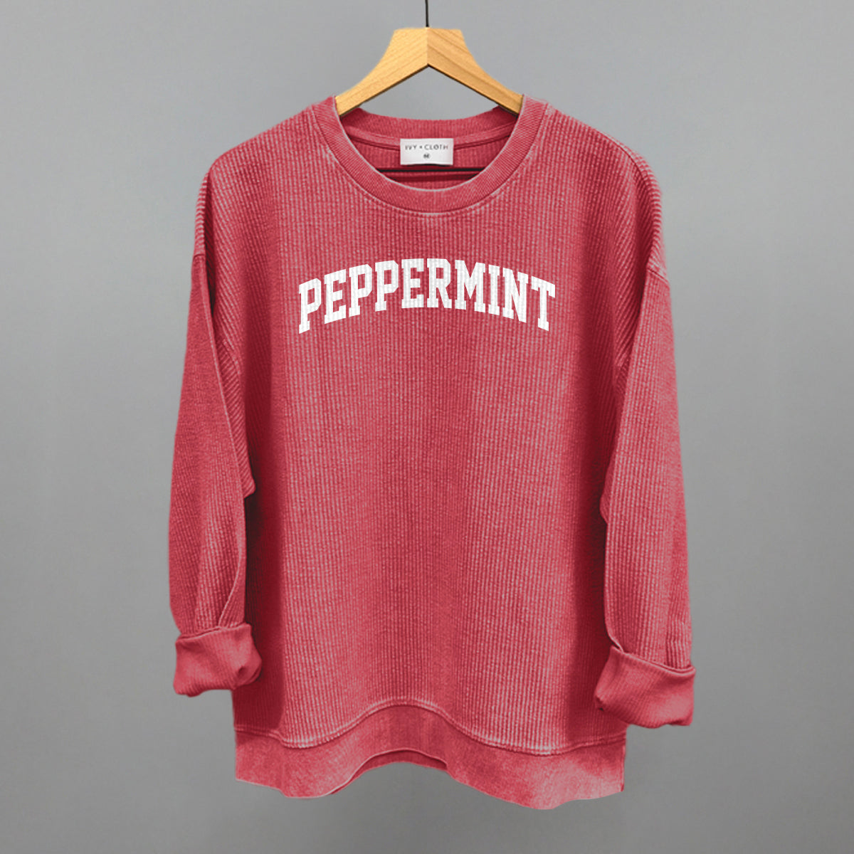 Peppermint Arch Funny Oversized Corded Crewneck Sweatshirt in Red – Ivy + Cloth