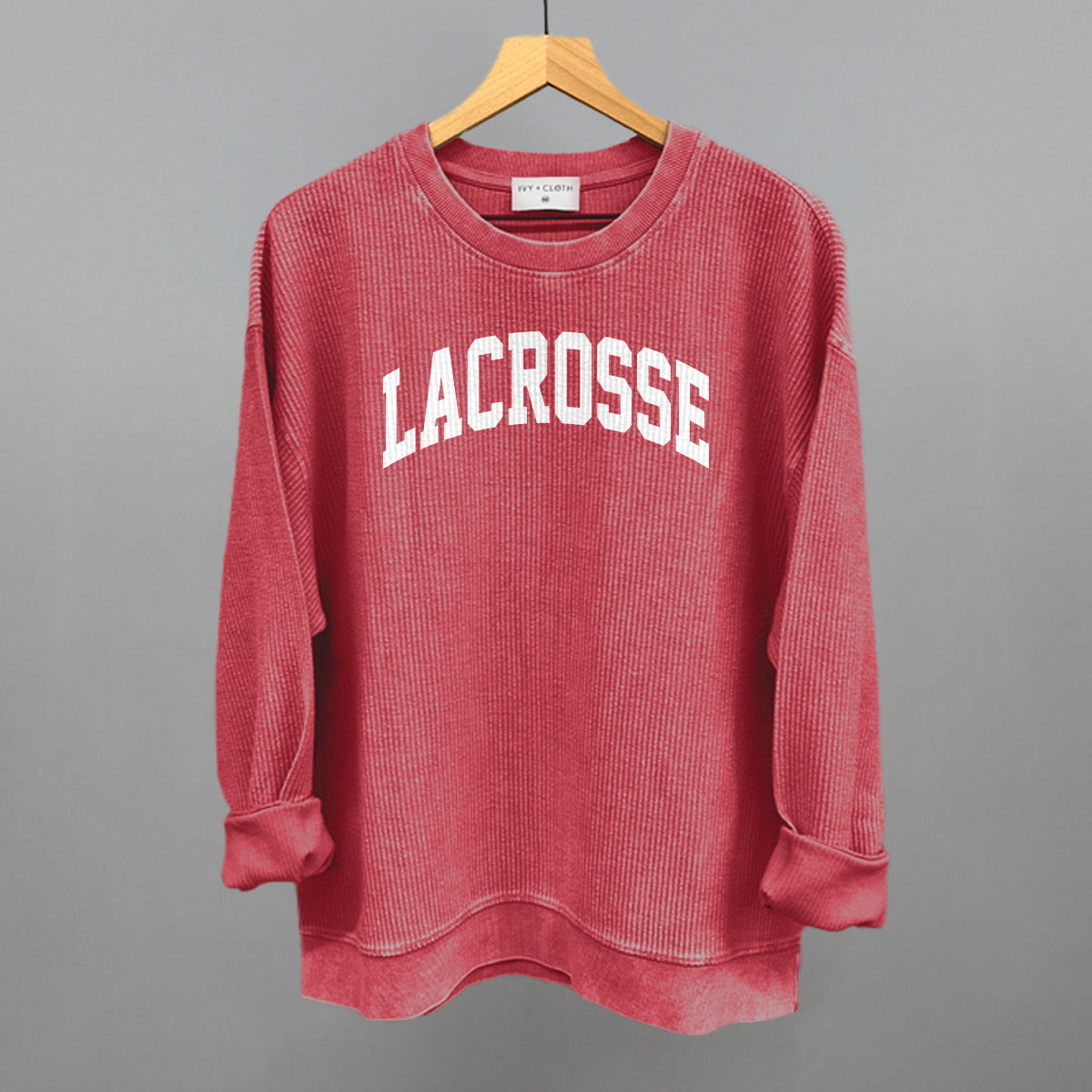 Lacrosse Arch (White) Funny Oversized Corded Crewneck Sweatshirt in Red – Ivy + Cloth