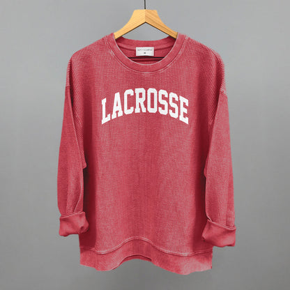 Lacrosse Arch (White) Funny Oversized Corded Crewneck Sweatshirt in Red – Ivy + Cloth