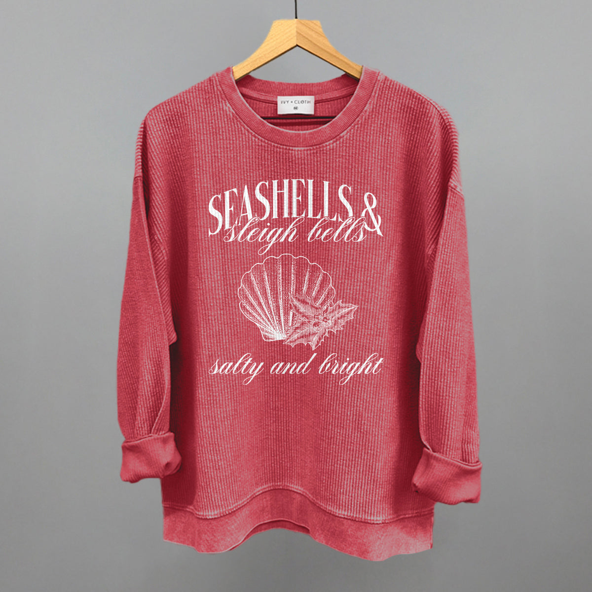 Seashells & Sleigh Bells Coastal Christmas graphic oversized corded crew in Red