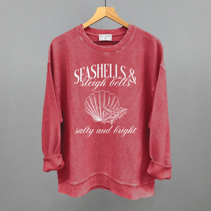 Seashells & Sleigh Bells Coastal Christmas graphic oversized corded crew in Red