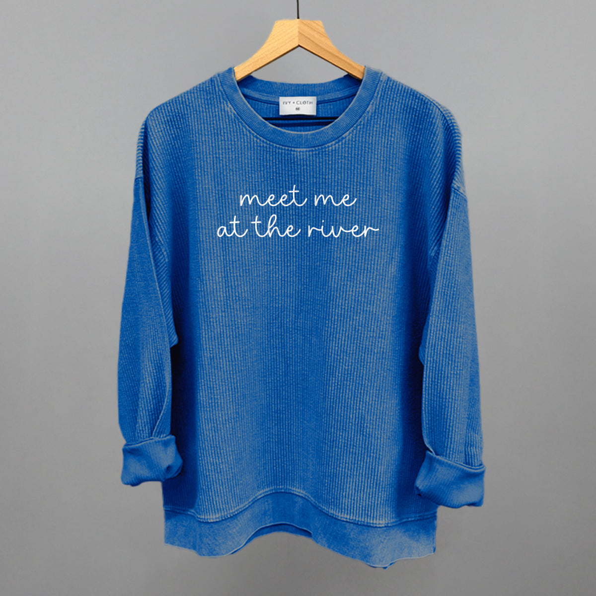 Meet Me At The River White Script Funny Oversized Corded Crewneck Sweatshirt in Royal – Ivy + Cloth