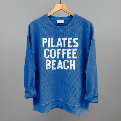 Pilates, Coffee, Beach graphic oversized corded crew in Royal